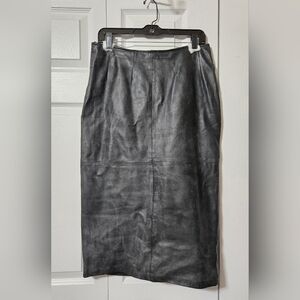Charcoal Leather Mid Length Skirt, Size 12, Button-Up Slit on Back, Semi Queen
